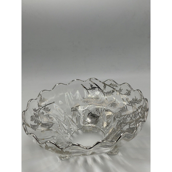 Vtg Art Deco Clear Glass Centerpiece Fruit Footed Bowl Silver Floral Accents MCM - Picture 2 of 9